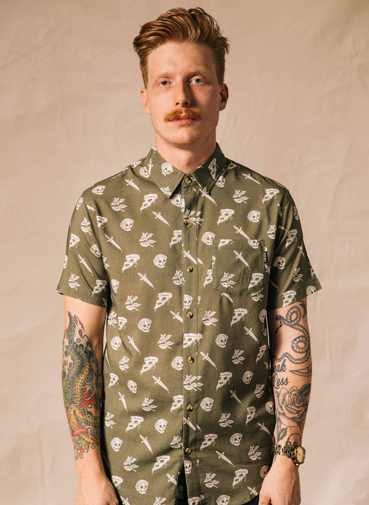 Pizza Slayer Tattoo Flash Mens Womens Casual Button Up Shirt